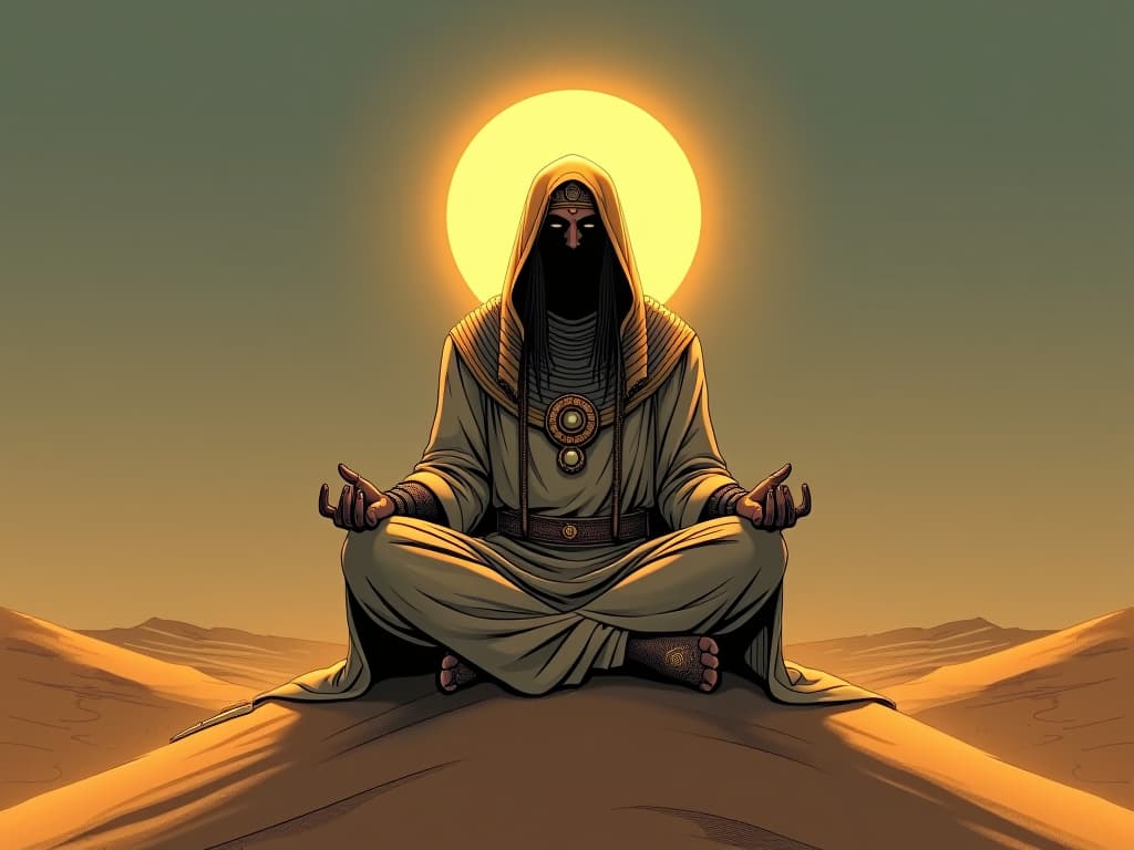  egyptian sage, adorned in ancient robes, sitting cross legged atop a sand dune, ethereal glow around their head, symbolizing innate wisdom and insight. the style is digital art illustration / modern comic book / mysterious occult, symbolic, esoteric vibe,high detail on character design, incorporating ancient egyptian symbology and attire.