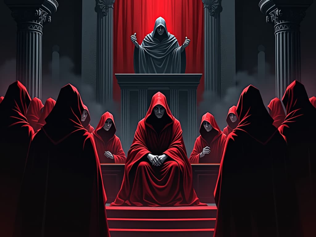  gothic tribunal, red robed figures, shadowy gallery, fearful faces looking on, heavy atmosphere of dread and judgment. the style is digital art illustration / modern comic book / graphic dark novel fantasy and mysterious occult, symbolic, moody lighting, esoteric vibe,high detail on character design. for the color scheme emphasize blacks and reds.