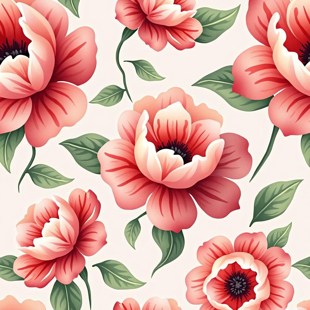  create a seamless digital design featuring a pattern of large, beautiful flowers with soft, watercolor like effects. the flowers should cover the entire surface, creating a bold, elegant, and continuous look. the overall style should be light and airy, with delicate leaves and petals to enhance the natural, floral theme. the design should be seamless to ensure it can be used in repeating patterns or wraps.