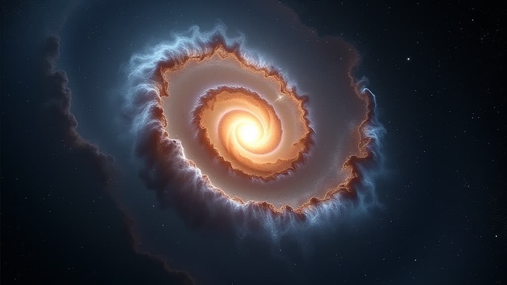  a spiral galaxy with a bright core surrounded by swirling dust and gas, set against a dark and starry backdrop.