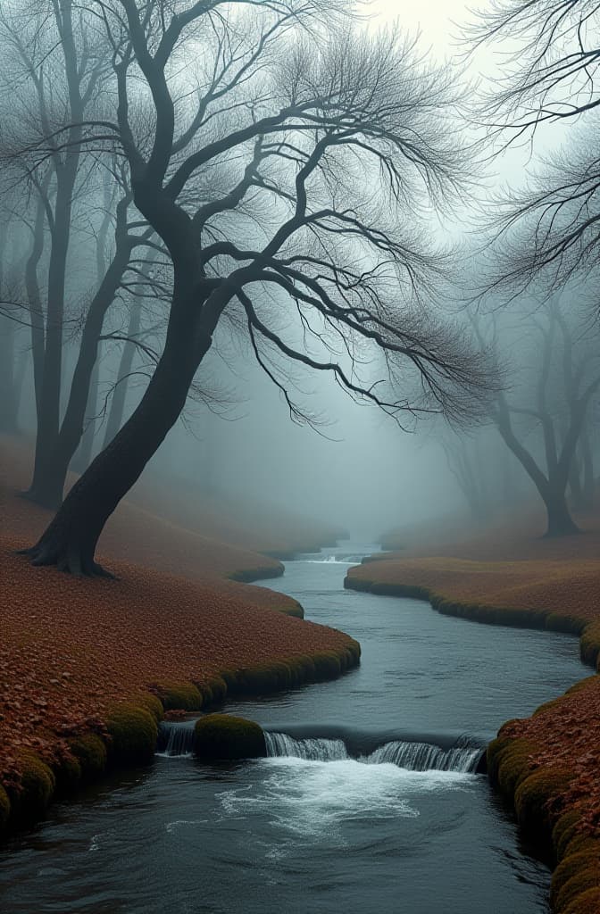  en la mitad baja de la imagen hay el suelo de un parque. más abajo, colindando con el parque, hay un río que se funde con el resto de la mitad baja. sobre el suelo del parque hay un árbol sin hojas que se mueve por el viento. en la mitad superior, quiero que haya un cielo. toda la ambientación de la imagen deber ser fría y de invierno. hyperrealistic, full body, detailed clothing, highly detailed, cinematic lighting, stunningly beautiful, intricate, sharp focus, f/1. 8, 85mm, (centered image composition), (professionally color graded), ((bright soft diffused light)), volumetric fog, trending on instagram, trending on tumblr, HDR 4K, 8K