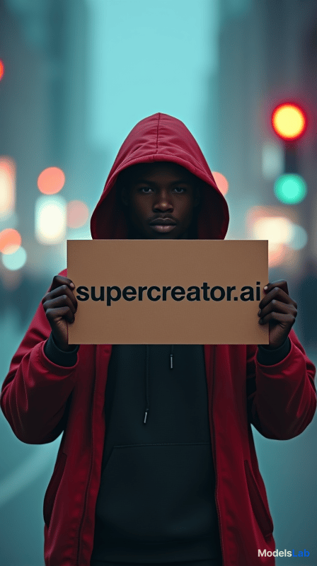  man holding sign saying "supercreator.ai" hyperrealistic, full body, detailed clothing, highly detailed, cinematic lighting, stunningly beautiful, intricate, sharp focus, f/1. 8, 85mm, (centered image composition), (professionally color graded), ((bright soft diffused light)), volumetric fog, trending on instagram, trending on tumblr, HDR 4K, 8K