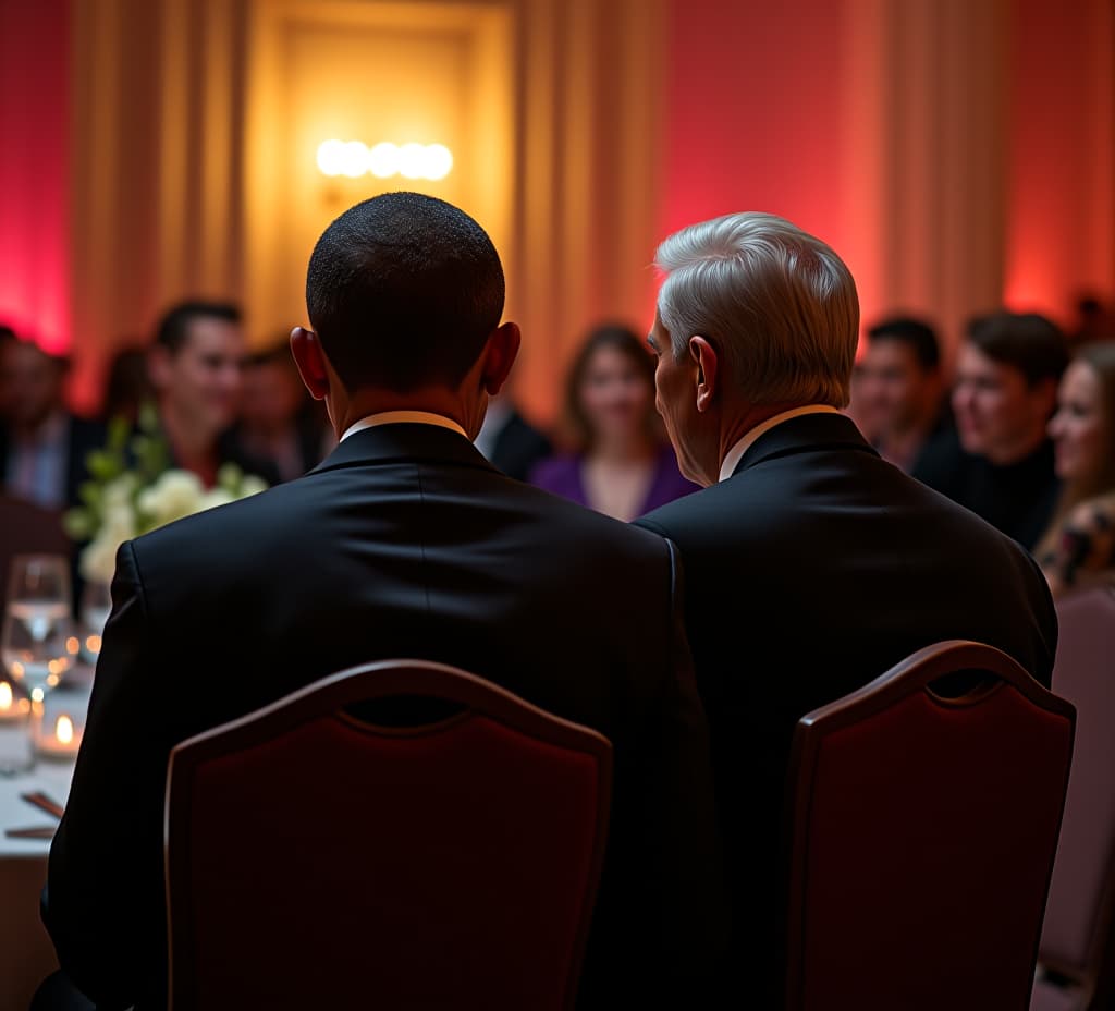  barack obama sits on joe biden back at a party gala, realistic photography, 4k, cinematic.