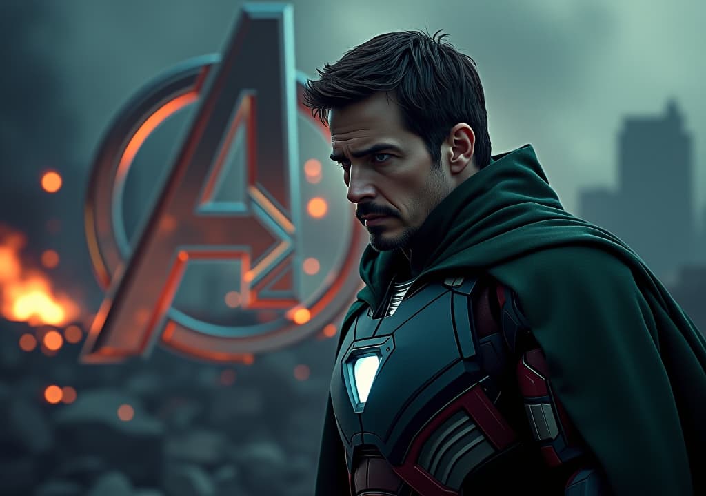  good quality, high quality, a hyper realistic movie poster for text "avengers secret war" starring tom cruise as unlimate iron man. he is depicted with a sinister expression, wearing a heavily armored, dark green cloak. the background shows a war torn city in shadows, with the avengers logo partially illuminated by crackling energy.