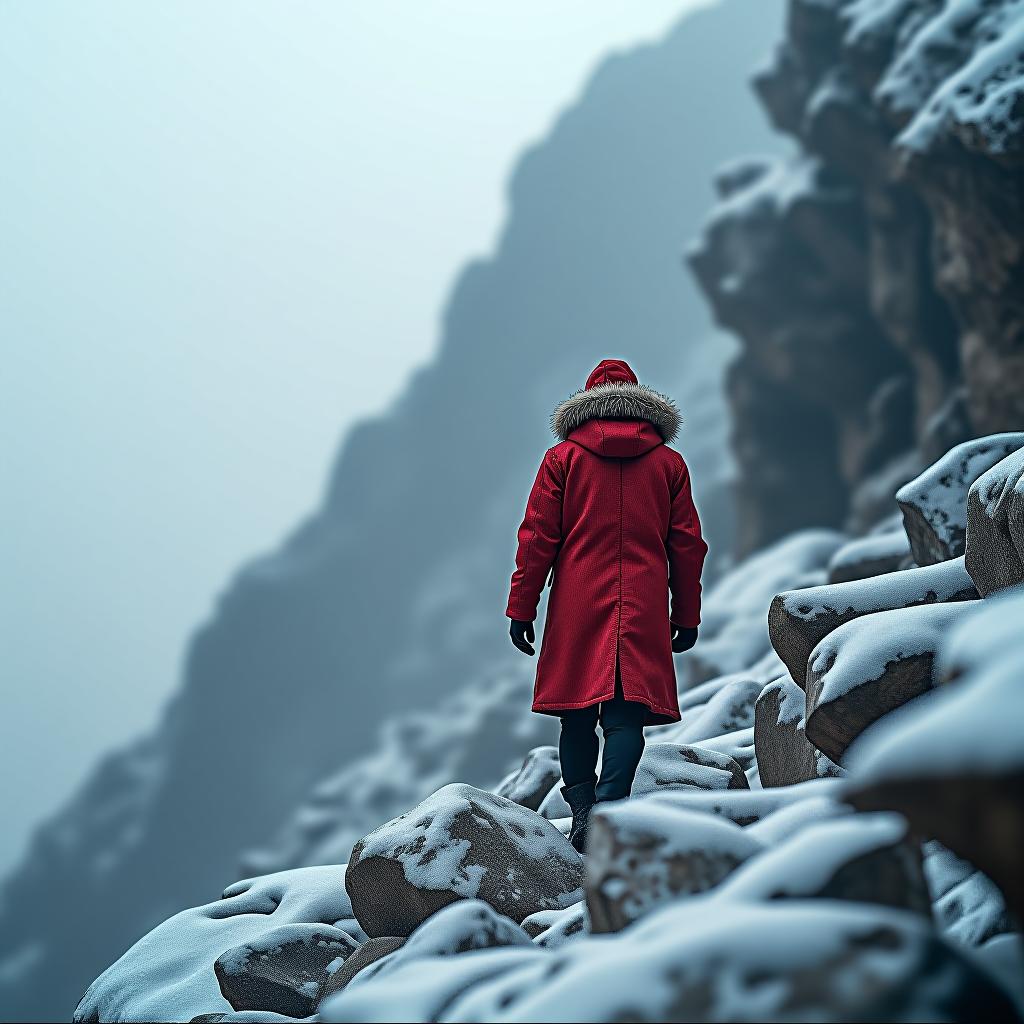  hyperrealistic art black salad in red coat heading up to a rock mountain under severe weather conditions . extremely high resolution details, photographic, realism pushed to extreme, fine texture, incredibly lifelike hyperrealistic, full body, detailed clothing, highly detailed, cinematic lighting, stunningly beautiful, intricate, sharp focus, f/1. 8, 85mm, (centered image composition), (professionally color graded), ((bright soft diffused light)), volumetric fog, trending on instagram, trending on tumblr, HDR 4K, 8K