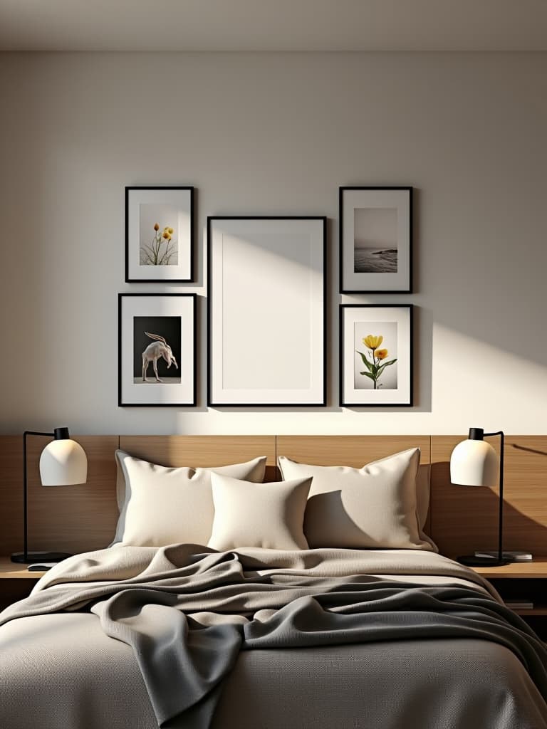  high quality portrait photo of a gallery wall featuring minimalist art prints and floating shelves, adding personality to a modern bedroom hyperrealistic, full body, detailed clothing, highly detailed, cinematic lighting, stunningly beautiful, intricate, sharp focus, f/1. 8, 85mm, (centered image composition), (professionally color graded), ((bright soft diffused light)), volumetric fog, trending on instagram, trending on tumblr, HDR 4K, 8K