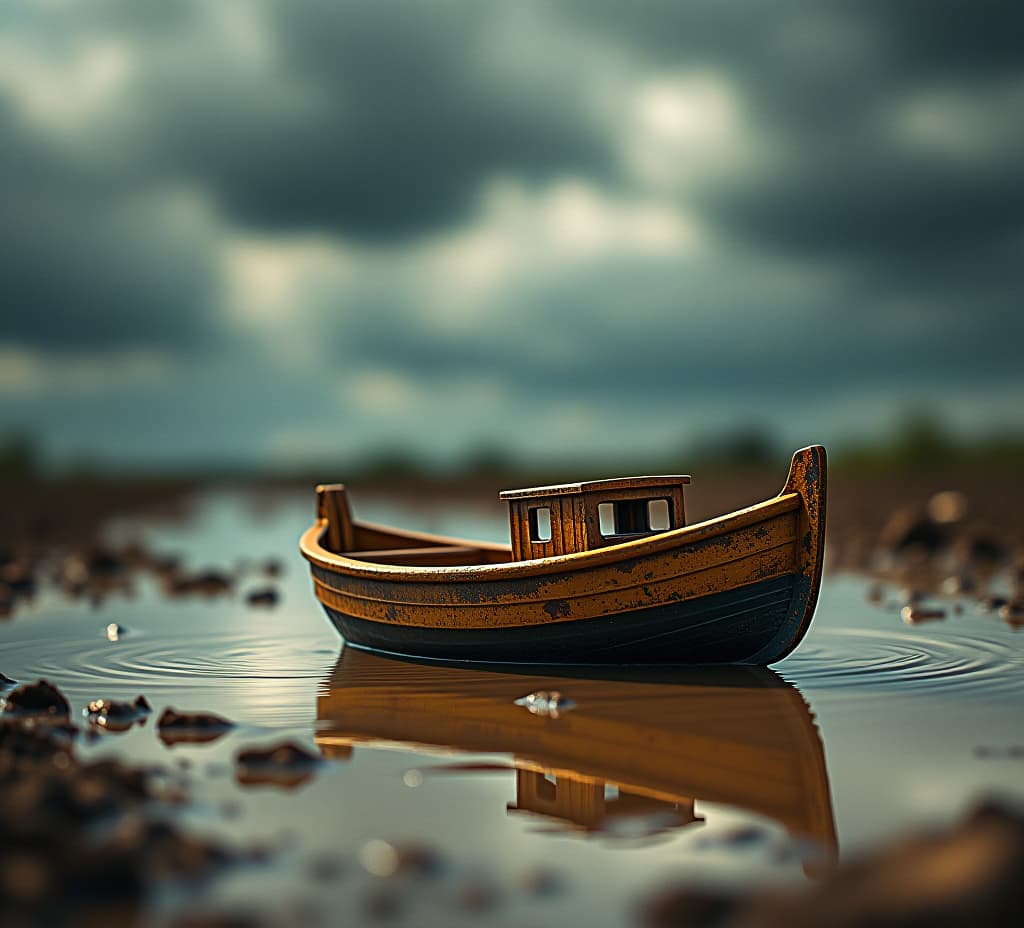  an abandoned toy boat in a muddy puddle with a swirling, stormy abstract background