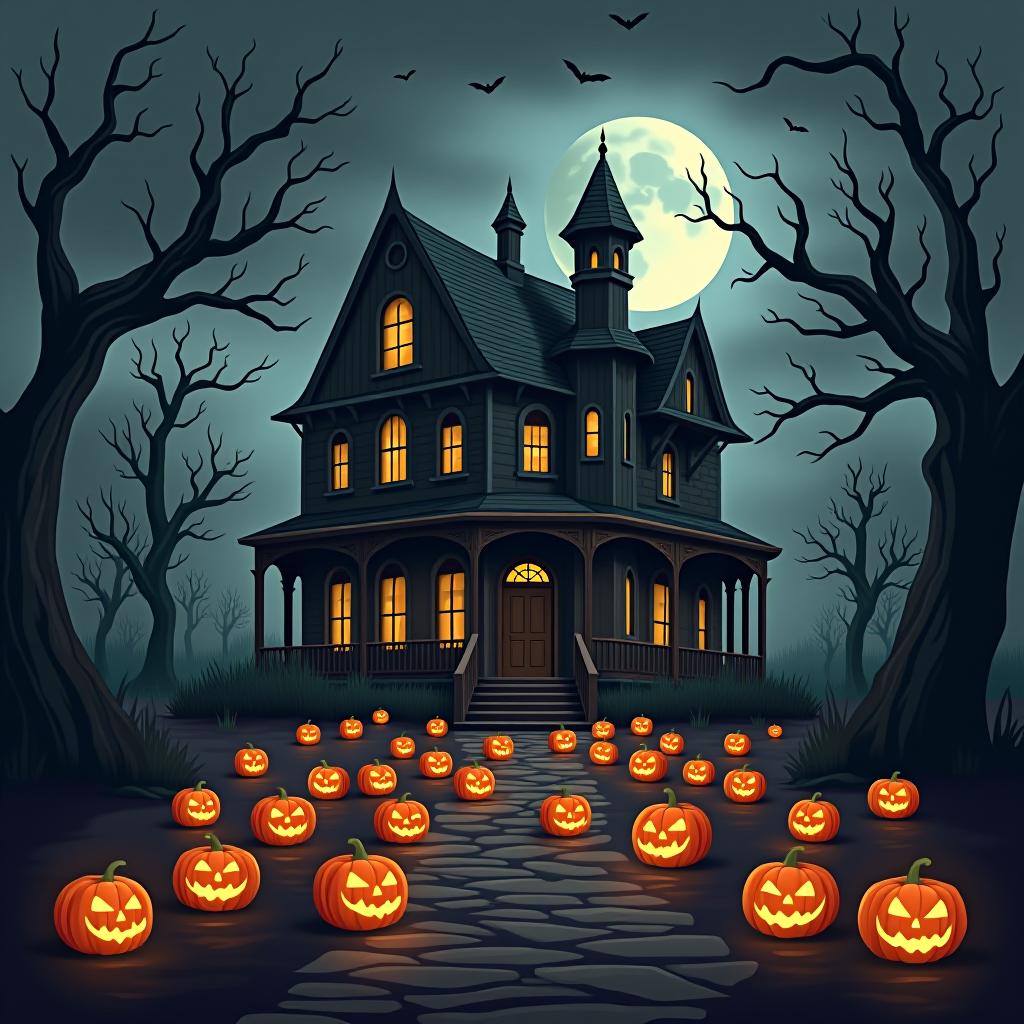  create a seamless digital painting of a spooky, halloween themed scene featuring a haunted house with gothic architecture. the house should be surrounded by twisted, gnarled trees and a multitude of jack o' lanterns. the scene should include a dark, cloudy sky to enhance the eerie atmosphere. the overall style should be detailed and atmospheric, capturing the essence of a haunted, creepy environment perfect for halloween, ensuring the design is seamless for use in repeating patterns or wraps.