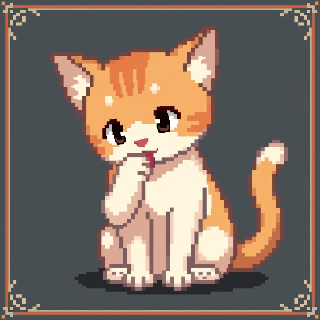  16x16 pixel art of a cat licking its paw, studio ghibli style, final fantasy 14 background