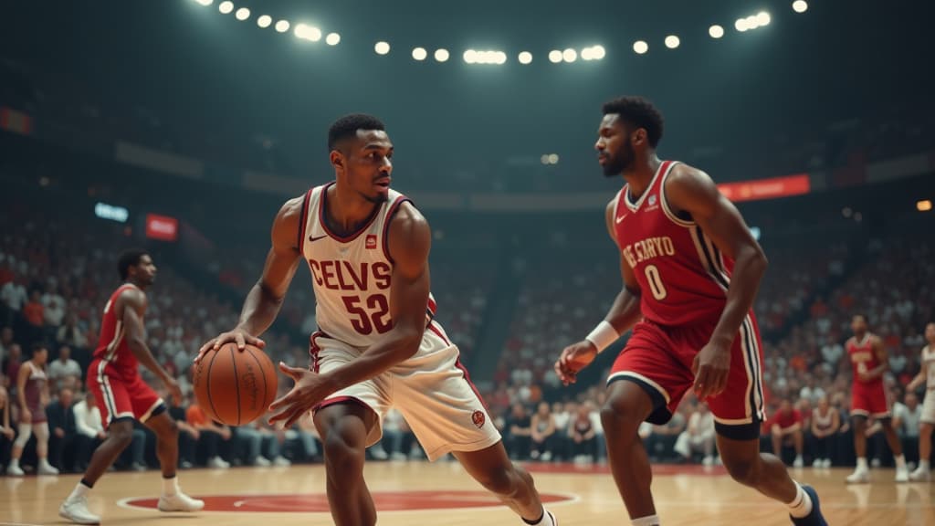  basketball players play basketball in a large arena, with fans in the background ar 16:9, (natural skin texture), highly detailed face, depth of field, hyperrealism, soft light, muted colors