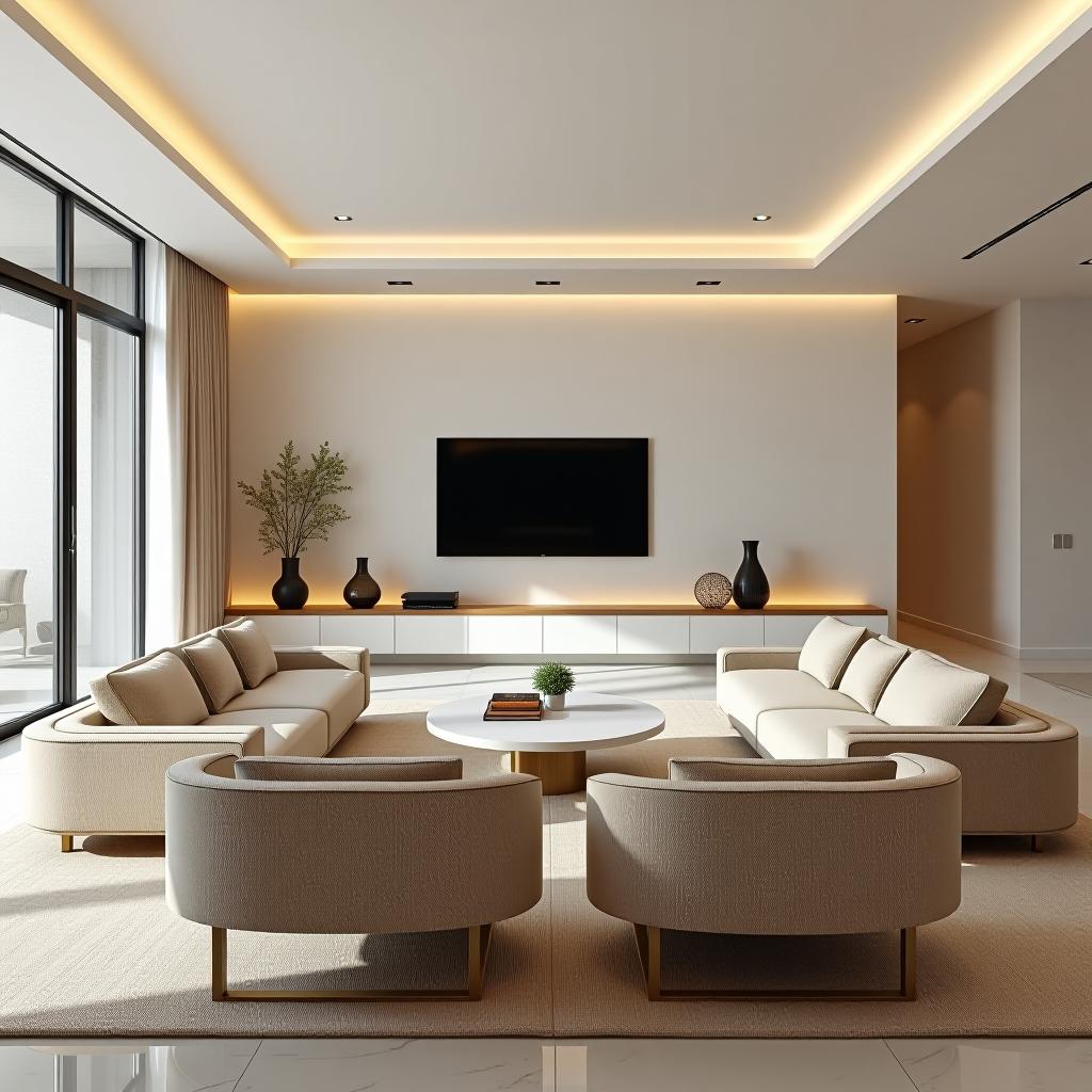  this unedited 8k photograph showcases a stunningly beautiful family room designed in minimalist style, emphasizing simplicity, functionality, and serene, uncluttered spaces. the image is captured with a sharp focus using a 35mm f/1.8 prime lens and features hyperrealistic, intricate details. the symmetrical balance and hdr enhance the overall visual appeal. the room is illuminated by bright, soft diffused light, professionally color graded for a cinematic atmosphere. the seating's zigzag wave upholstery and sleek minimalism in decoration complement the design. the color palette includes dominant citrine white (rgb 250 247 214, #f7fadb), complemented by pear (rgb 209 226 49, #d9ec37) and accented with seance (rgb 115 30 143, #7a219e), enrich