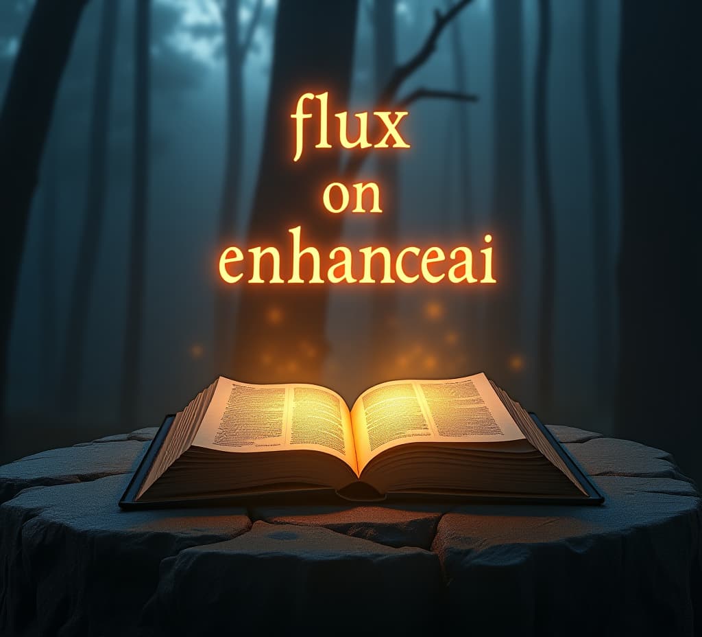  a spellbook, glowing with golden light, opens on a rugged stone table in a twilight forest. fiery letters float above the book, forming the text 'flux on enhanceai.' the scene is illuminated by the book’s light, creating a mystical and captivating aura with a magical, ancient forest as the backdrop