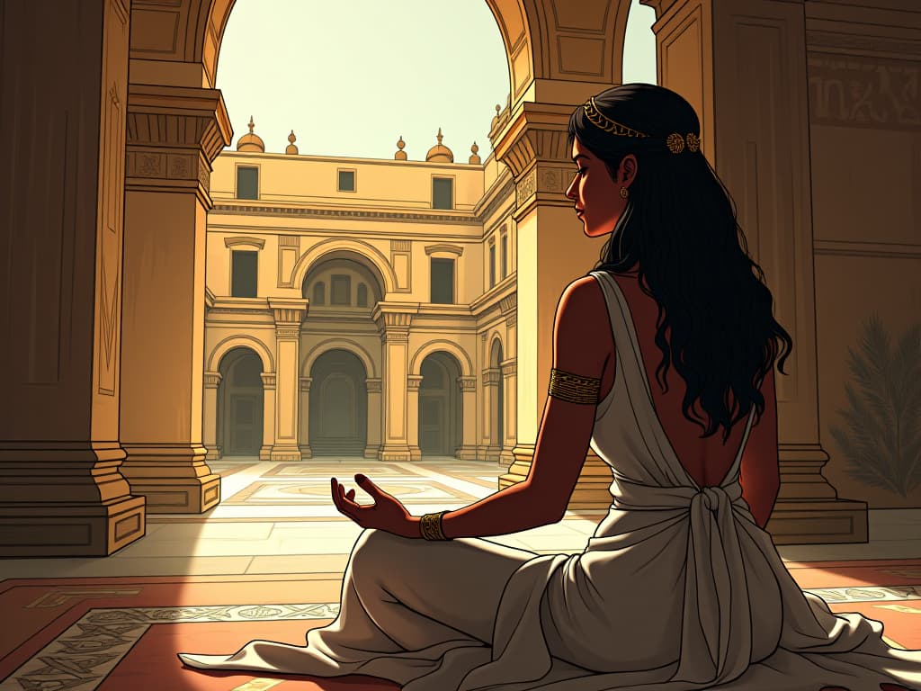  an egyptian noblewoman in form fitting, luxurious linens, choosing a quiet chamber over a bustling courtyard, deciding to meditate, serene and purposeful. the style is digital art illustration / modern comic book / mysterious occult, symbolic, esoteric vibe,high detail on character design, incorporating ancient egyptian symbology and attire.