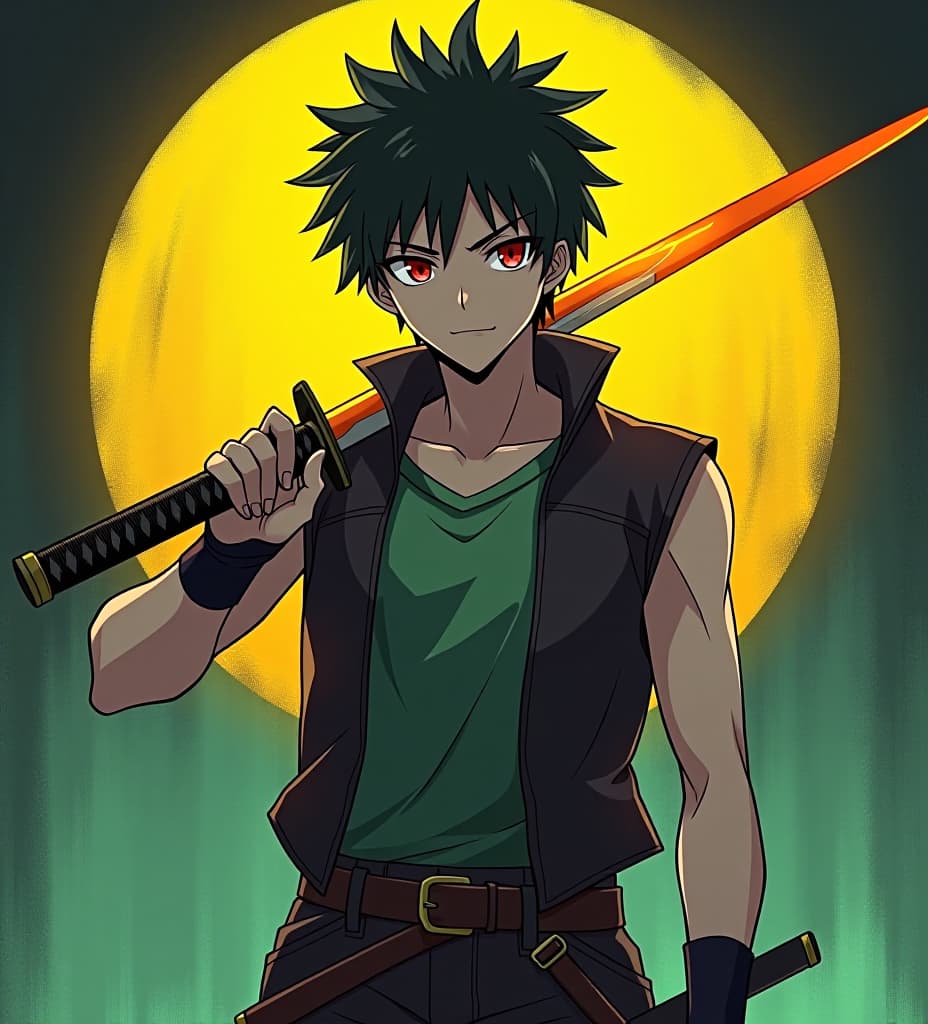  an anime human with short spikey black hair, red eyes and greyish skin wearing a sleeveless leather vest with a green undershirt holding a katana with a blade made of magma santing in front of a yellow and green blackground