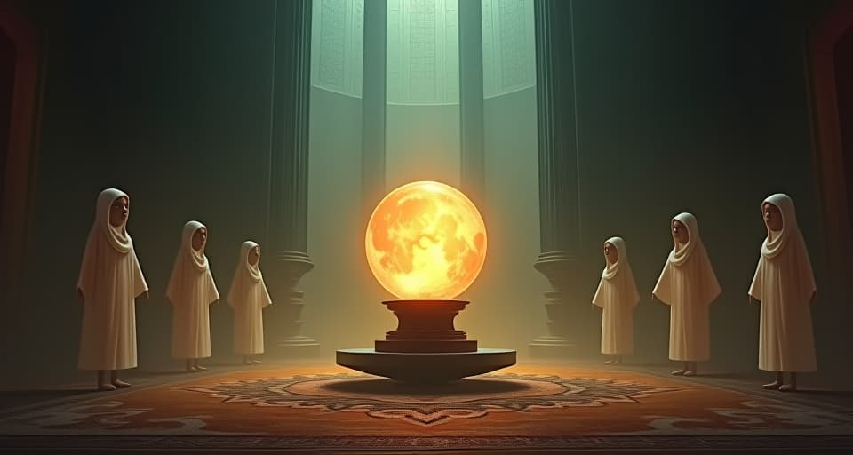  empty, glowing orb holder in a room, ethereal figures surrounding it in despair. mood: yearning, hollow.. the style is digital art illustration,highly detailed, whimsical,magical, dreamlike atmosphere, realism and fantasy blend, smooth, glossy textures,luminous quality, wonder and enchantment.