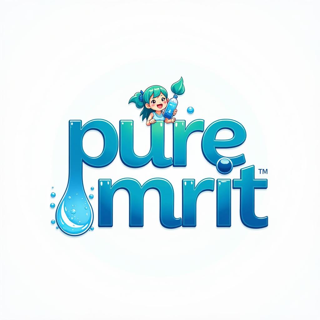  create a vibrant logo for a mineral water brand named 'pure amrit.' the logo should feature the text 'pure amrit' in an indian anime style font. include the letters 'pu' prominently, with a small, cute anime character above it, representing hydration or refreshment. the character should be holding a water bottle or enjoying a drink. use a color palette of blues and greens to evoke freshness, with bright accents. the background should be transparent., high quality, high details, hd, perfect composition, 4k epic detailed, highly detailed, sharp focus, high resolution