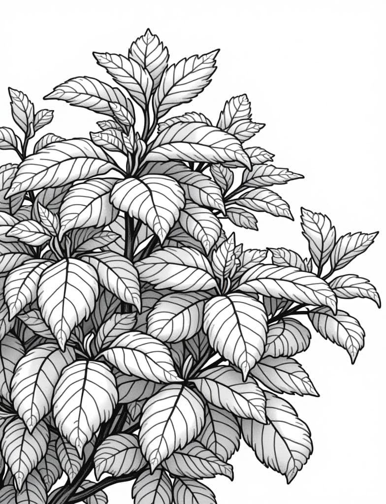  this is for an adult coloring page. a detailed black and white line art of a snowy frost covered leaves on a bush in a snowy garden on a solid white background.