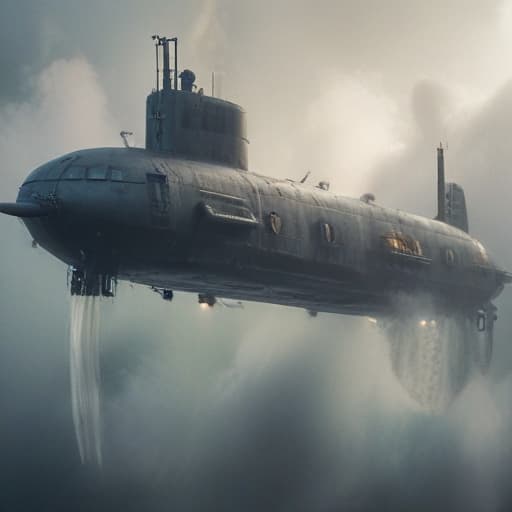 submarine in air hyperrealistic, full body, detailed clothing, highly detailed, cinematic lighting, stunningly beautiful, intricate, sharp focus, f/1. 8, 85mm, (centered image composition), (professionally color graded), ((bright soft diffused light)), volumetric fog, trending on instagram, trending on tumblr, HDR 4K, 8K