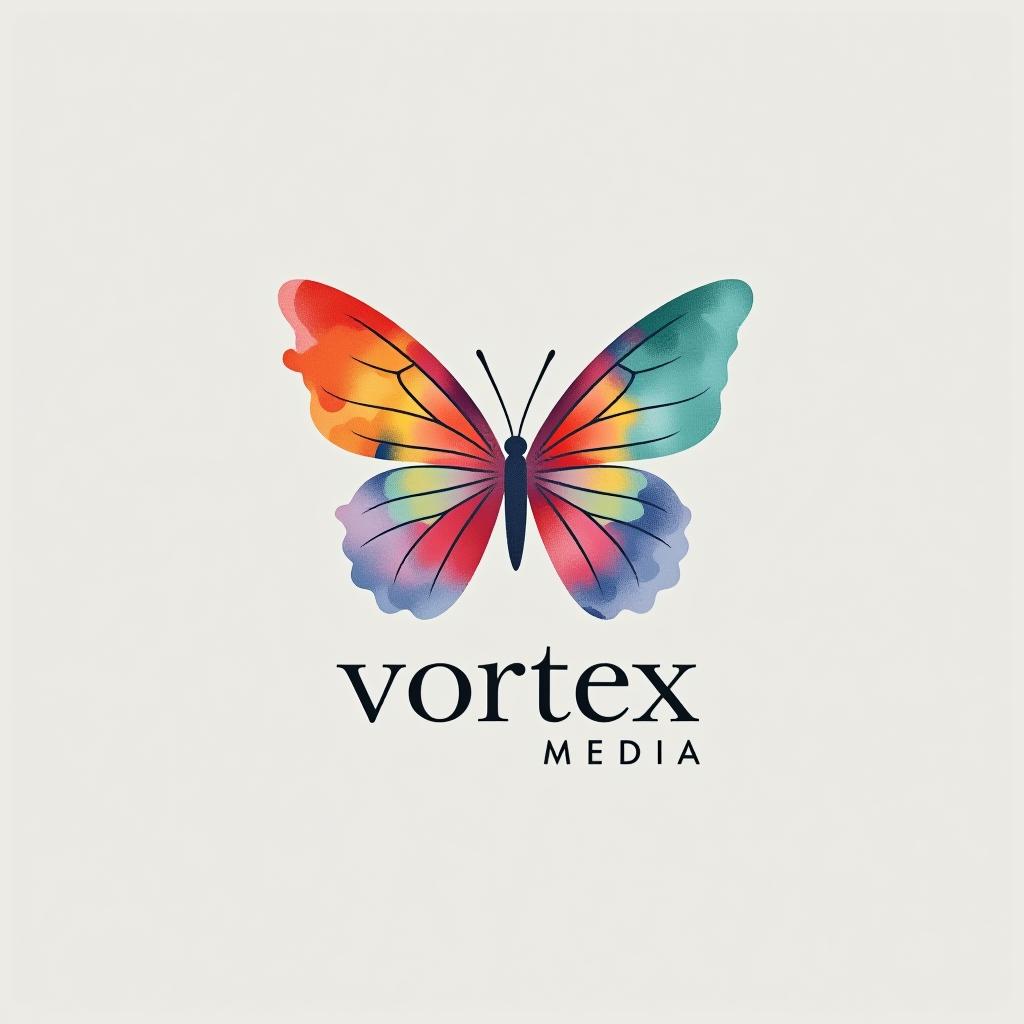  design a logo, watercolor style, logo of a butterfly, beautiful colors, with the text 'vortex media'.