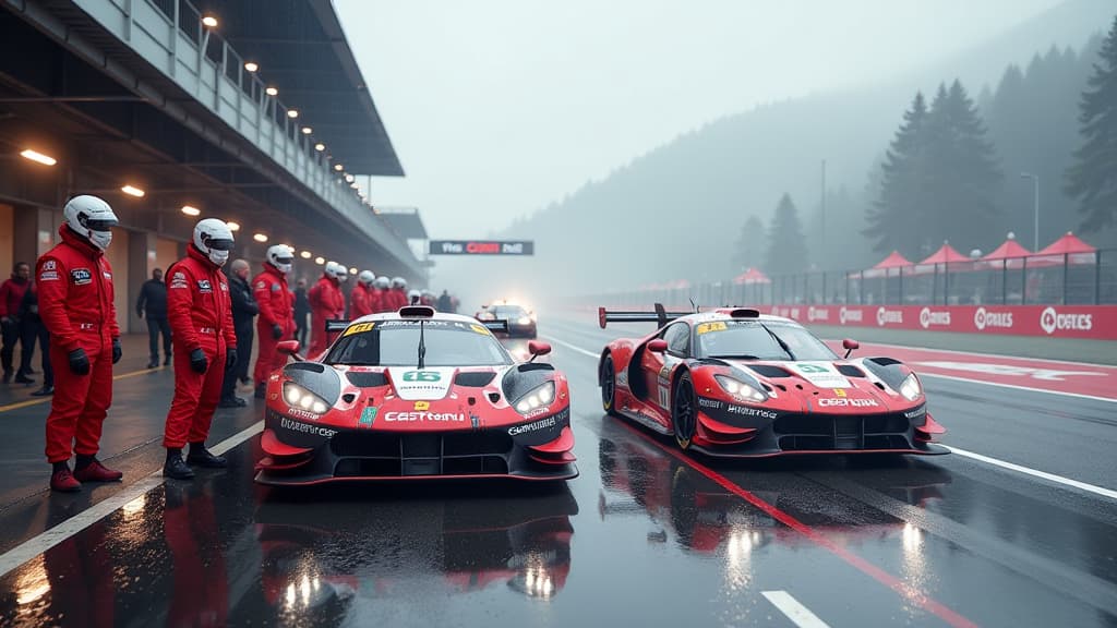  prompt: create a hyper realistic image capturing the intense atmosphere of the adac gt masters race at spielberg in 2024. the scene should showcase the haupt racing team's double pole position achievement at the red bull ring. include detailed depictions of max reis and finn wiebelhaus celebrating on the podium alongside their race cars. ensure the composition highlights the tactical masterpiece of the rain tire change, with mechanics in action swapping tires. incorporate elements like the red b