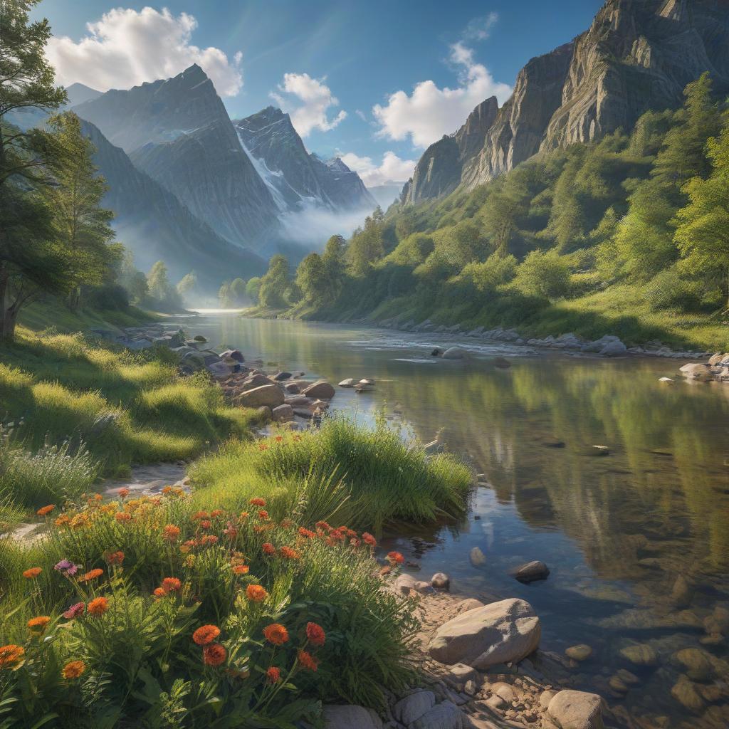 ((masterpiece)),(((best quality))), 8k, high detailed, ultra detailed, A beautiful landscape with mountains, a flowing river, lush green trees, colorful flowers, and a clear blue sky hyperrealistic, full body, detailed clothing, highly detailed, cinematic lighting, stunningly beautiful, intricate, sharp focus, f/1. 8, 85mm, (centered image composition), (professionally color graded), ((bright soft diffused light)), volumetric fog, trending on instagram, trending on tumblr, HDR 4K, 8K