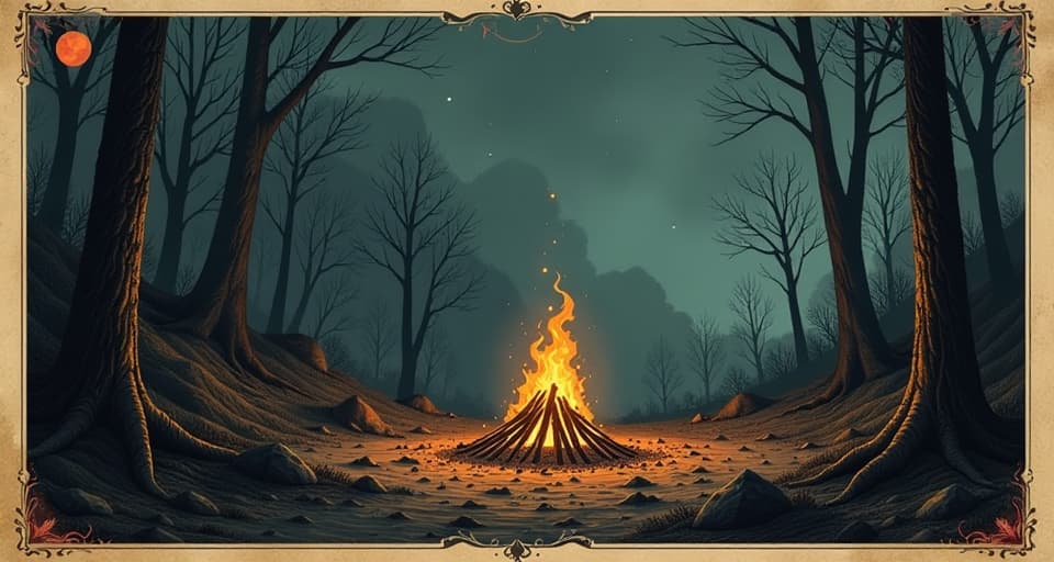  deserted campfire, ashes scattered, footprints leading away, signs of departure, somber mood, quiet and reflective. an illustration in the style of a worn, mystical old tarot trump card, mysterious and elements of surrealism. the colors are muted, somber and eerie, but with contrast bring out an occult and esoteric vibe.