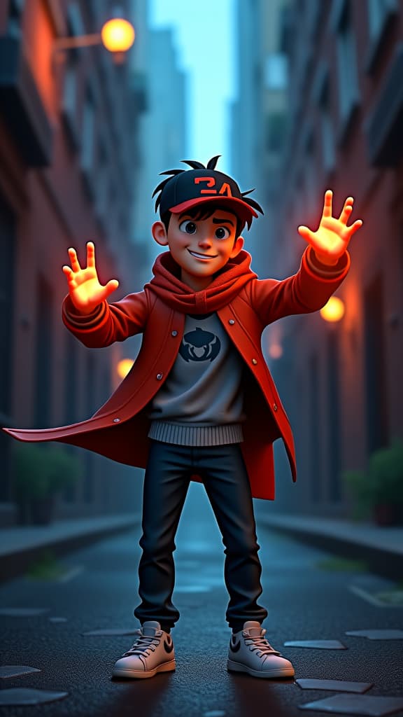  pixar style 3d animation, young man embracing his power, dark alley background, dynamic lighting, vibrant colors, detailed textures