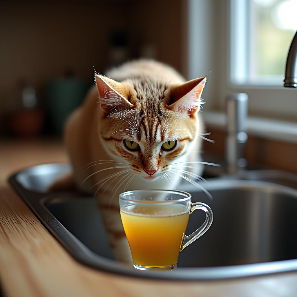  snapchat photo of a cat drinking tea from the kitchen sink