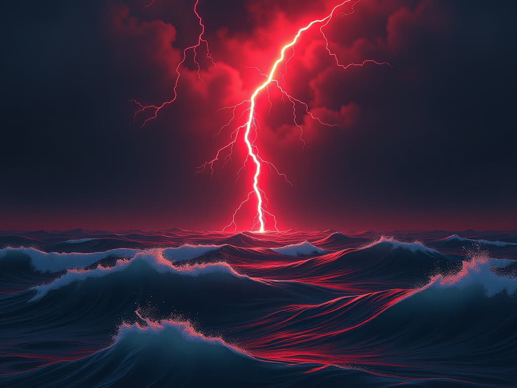  a stormy sky over a dark sea, lightning illuminating turbulent waves, motif of swirling emotions. the style is digital art illustration / modern comic book / graphic dark novel fantasy and mysterious occult, symbolic, moody lighting, esoteric vibe,high detail on character design. for the color scheme emphasize blacks and reds.