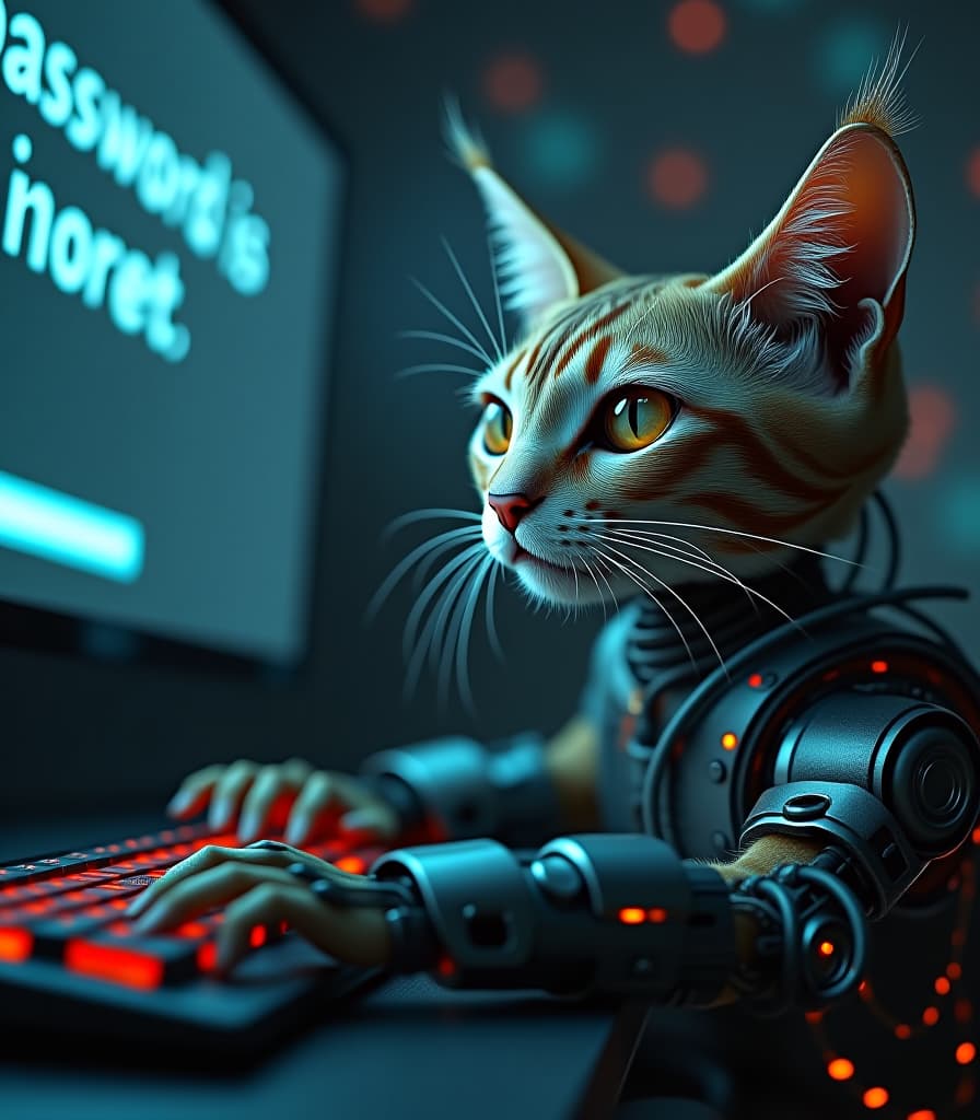  biomechanical style a cyborg cat with numerous technical devices is typing on a computer keyboard, (large bold text "password is incorrect" on monitor screen:1.4), high detail, high resolution, detailed skin, detailed eyes, detailed wires and leds, detailed background, cinematic, (large depth of field:1.4), hyper realism, many small details, perfect composition and perspective. . blend of organic and mechanical elements, futuristic, cybernetic, detailed, intricate hyperrealistic, full body, detailed clothing, highly detailed, cinematic lighting, stunningly beautiful, intricate, sharp focus, f/1. 8, 85mm, (centered image composition), (professionally color graded), ((bright soft diffused light)), volumetric fog, trending on instagram, trending on tumblr, HDR 4K, 8K