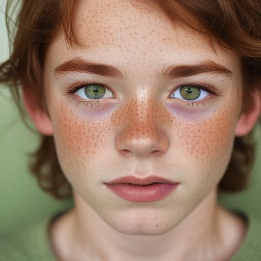 A boy with freckles, brown hair and green eyes