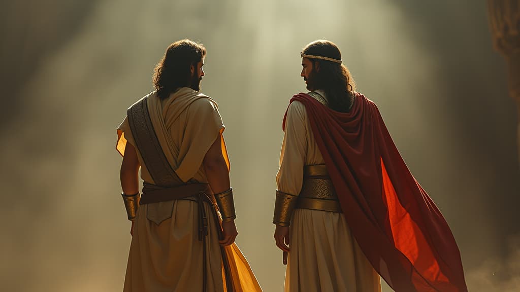  history of biblical times, joshua and caleb standing firm against the fearful reports, embodying faith and courage in the face of overwhelming odds. hyperrealistic, full body, detailed clothing, highly detailed, cinematic lighting, stunningly beautiful, intricate, sharp focus, f/1. 8, 85mm, (centered image composition), (professionally color graded), ((bright soft diffused light)), volumetric fog, trending on instagram, trending on tumblr, HDR 4K, 8K