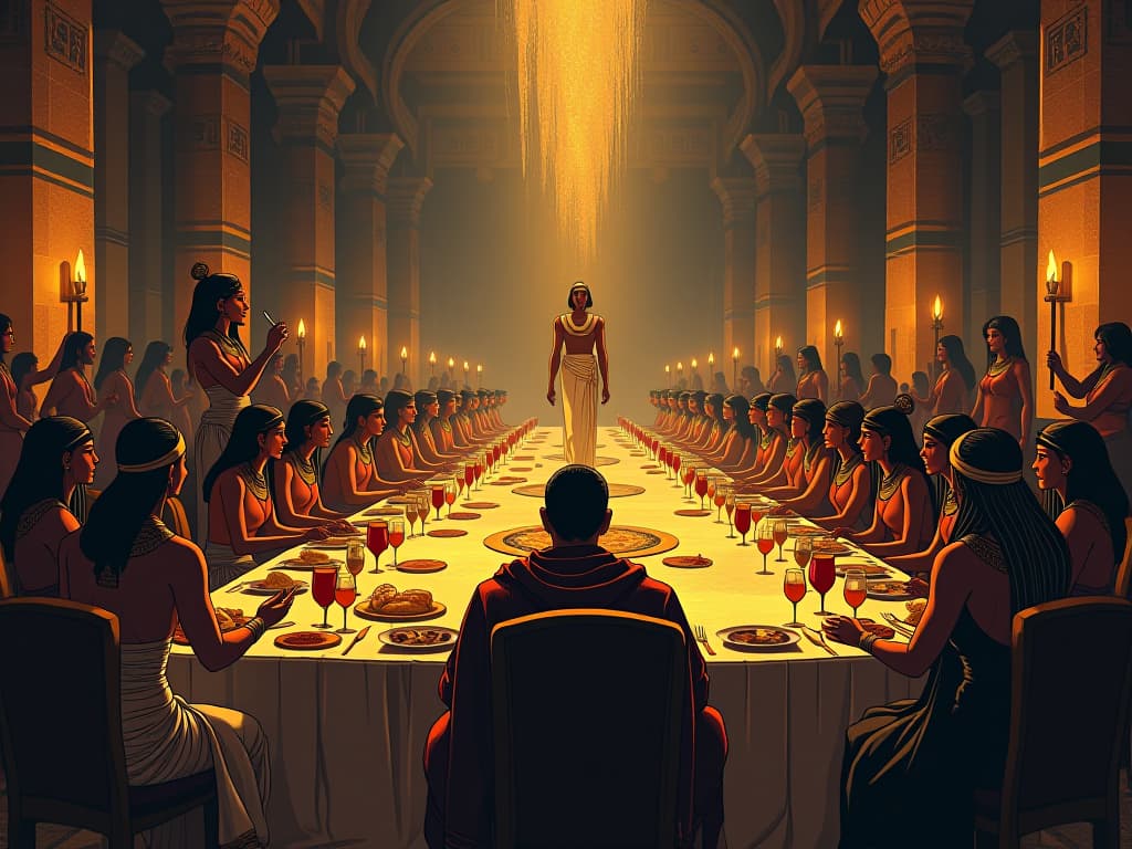  a large feast in an egyptian banquet hall, lively with dancers and music, while a solitary individual, in fine garments, sits apart, a detached yet content expression, signifying being alone amidst friends and family. the style is digital art illustration / modern comic book / mysterious occult, symbolic, esoteric vibe,high detail on character design, incorporating ancient egyptian symbology and attire.