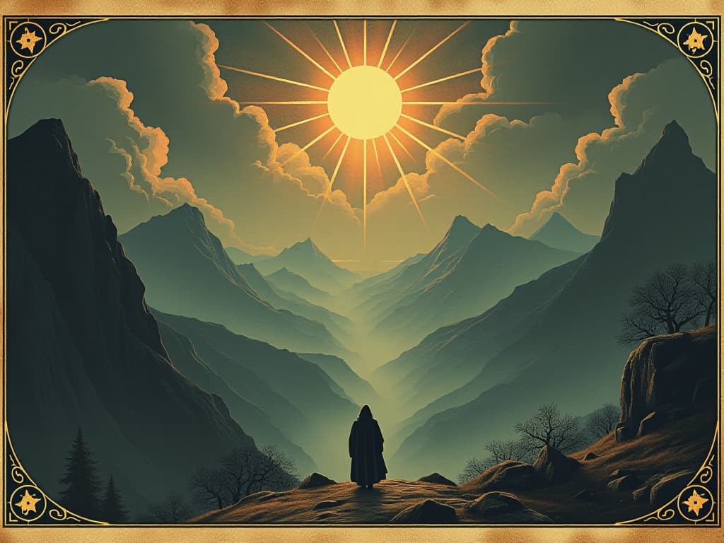  majestic view, mountains in distance, radiant figures, shifting realities, empowered presence. an illustration in the style of a worn, mystical old tarot trump card, mysterious and elements of surrealism. the colors are muted, somber and eerie, but with contrast bring out an occult and esoteric vibe.