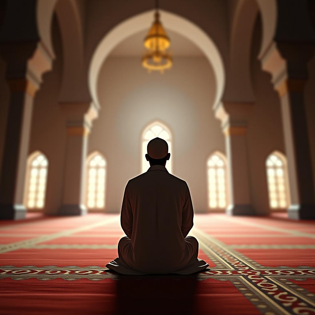  make an image of a man praying to allah in a mosque dressed in a thobe