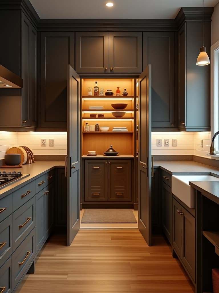  high quality portrait photo of an elegant kitchen featuring a hidden walk in pantry behind a seamless cabinet door, with organized shelving and ambient lighting hyperrealistic, full body, detailed clothing, highly detailed, cinematic lighting, stunningly beautiful, intricate, sharp focus, f/1. 8, 85mm, (centered image composition), (professionally color graded), ((bright soft diffused light)), volumetric fog, trending on instagram, trending on tumblr, HDR 4K, 8K