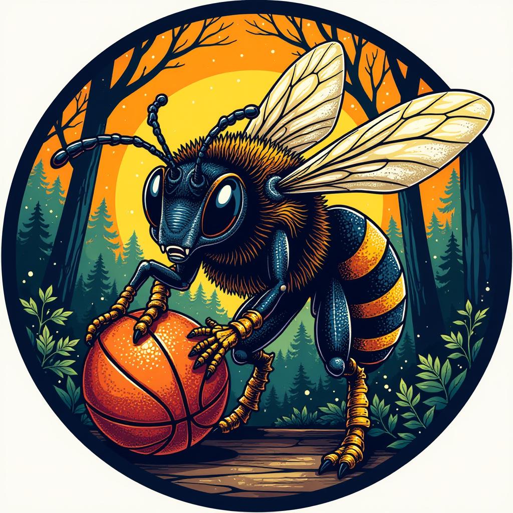  pointillism style high quality, high detail, round emblem, round logo, wasp. six paws, basketball, angry, angry, frowning eyebrows, forest in the background . composed entirely of small, distinct dots of color, vibrant, highly detailed