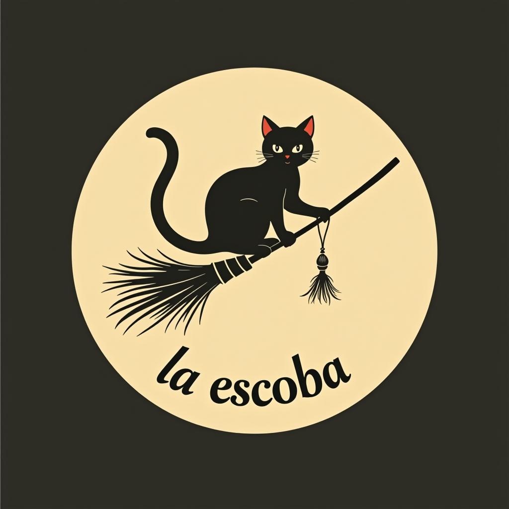  design a logo, in a minimalism style. witchy, black cat riding on a broom, dried herbs hanging m off broom, cottage core aesthetic , with the text 'la escoba'.