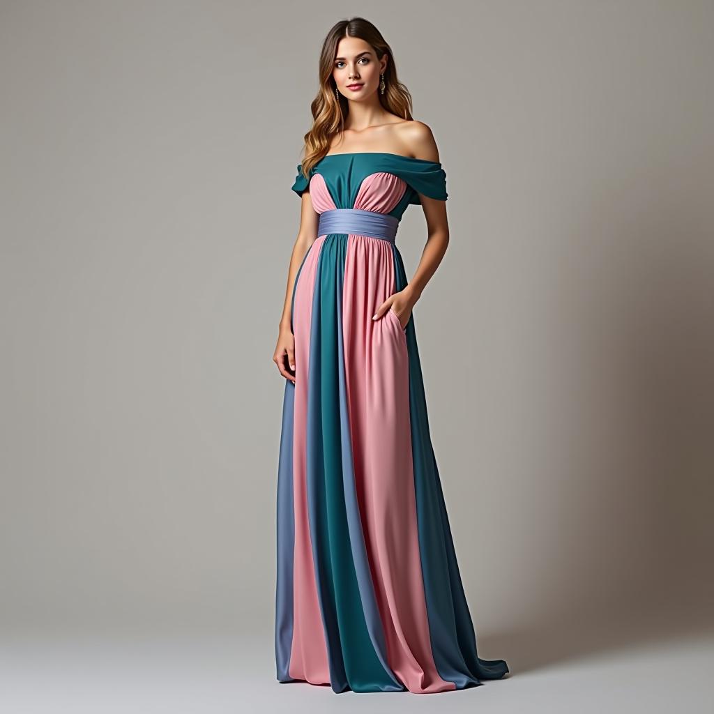  create a stunning image of a full body wearing a floor length chiffon evening gown with slim fit, short sleeves, and a straight hem. the gown should feature a striped satin design with colors in soft pink (rgb(226,162,162)), deep blue (rgb(12,36,223)), and vint green (rgb(17,228,98)). ensure the gown has an off shoulder neck style, is lightweight, and suitable for semi formal occasions, complete with pockets and a woven label. pose the in a graceful stance, perhaps with one hand gently holding the to display the gown's texture and flow.