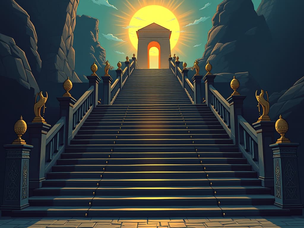  steps of a grand staircase, leading to a shining temple atop, symbolizing challenges as stepping stones. the style is digital art illustration / modern comic book / mysterious occult, symbolic, esoteric vibe,high detail on character design, incorporating ancient egyptian symbology and attire.