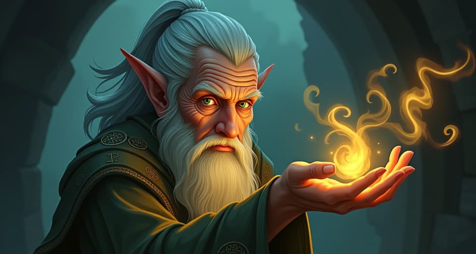  wise elder elf, intense gaze, swirling magical essence at fingertips, ancient runes glowing in the air, dimly lit ethereal chamber. the style is digital art illustration,highly detailed, whimsical,magical, dreamlike atmosphere, realism and fantasy blend, smooth, glossy textures,luminous quality, wonder and enchantment.