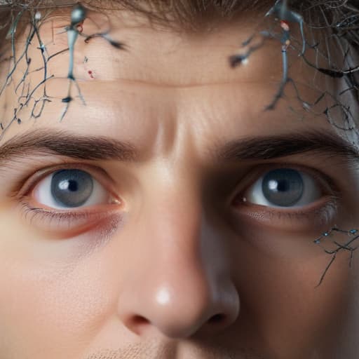 A man's head with a lot of eyes. Eyes are on neurons. Neurons are in the brain, which is visible