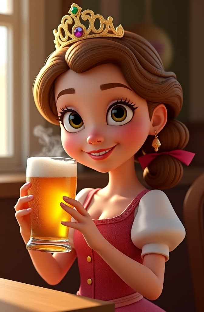  princesse laëtitia avec une bière, disney pixar poster, pixar movie style, animated disney cartoon face, disney face, portrait, cute face, round face, cartoon character, disney character, disney animated movies, disney pixar hyperrealistic, full body, detailed clothing, highly detailed, cinematic lighting, stunningly beautiful, intricate, sharp focus, f/1. 8, 85mm, (centered image composition), (professionally color graded), ((bright soft diffused light)), volumetric fog, trending on instagram, trending on tumblr, HDR 4K, 8K