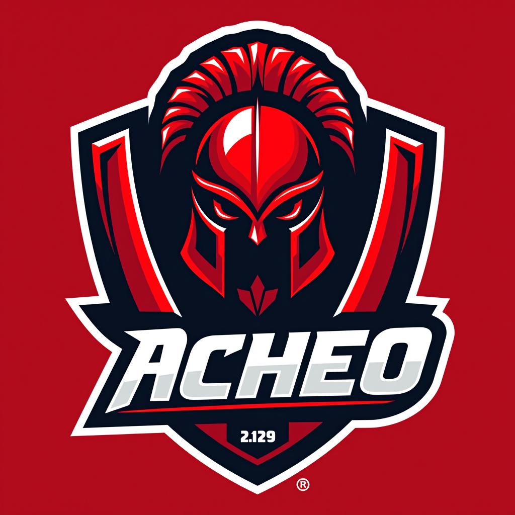  1 acheo warrior, helmet, reddish background, kroton 710 ac white., (logo), energetic, strong, dynamic, bold, athletic, mascot, shield, bright colors, action oriented, competitive