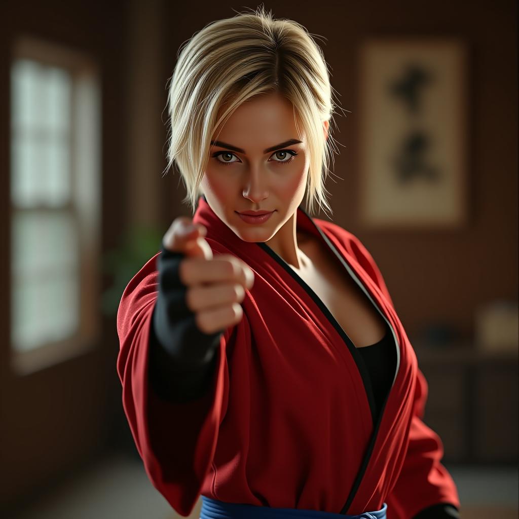  make an image of a woman with short blonde hair in a martial arts outift