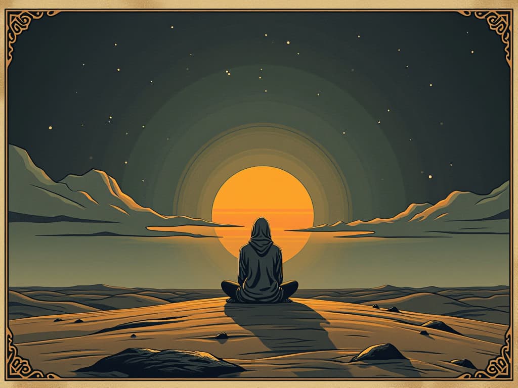  figure sitting cross legged, vast desert at dawn, contemplation, hidden truths, serenity, connection with universe. an illustration in the style of a worn, mystical old tarot trump card, mysterious and elements of surrealism. the colors are muted, somber and eerie, but with contrast bring out an occult and esoteric vibe.