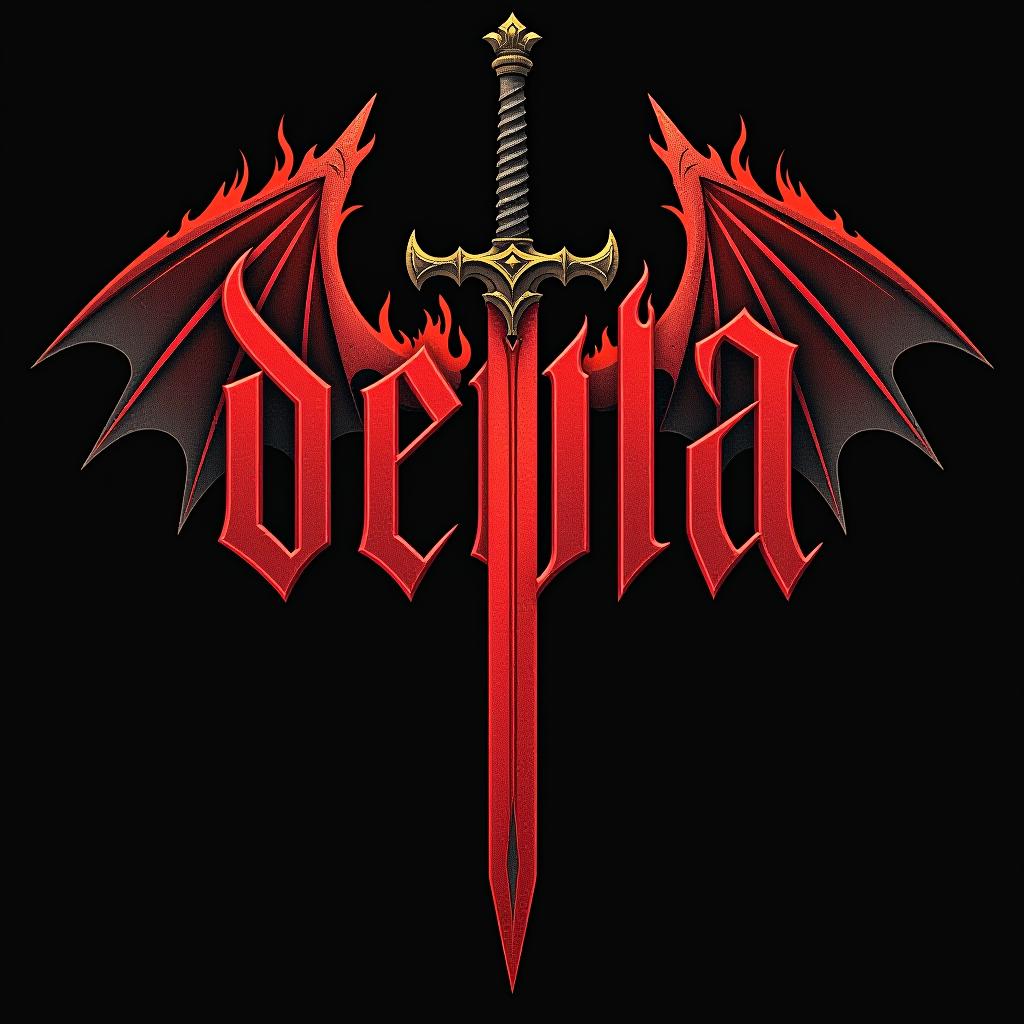  the inscription "devla" is gothic and bloody on a black background with flames, positioned on a sword with devil's wings.