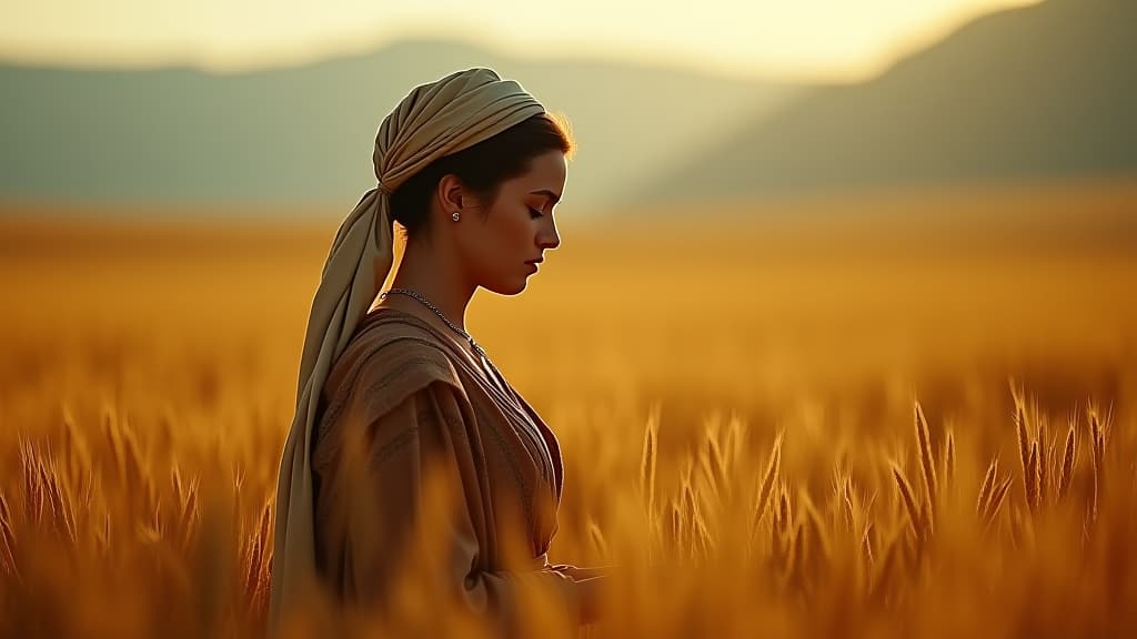  history of biblical times, a compelling visual narrative of ruth gleaning in the fields, paired with thematic phrases about faith and diligence. hyperrealistic, full body, detailed clothing, highly detailed, cinematic lighting, stunningly beautiful, intricate, sharp focus, f/1. 8, 85mm, (centered image composition), (professionally color graded), ((bright soft diffused light)), volumetric fog, trending on instagram, trending on tumblr, HDR 4K, 8K