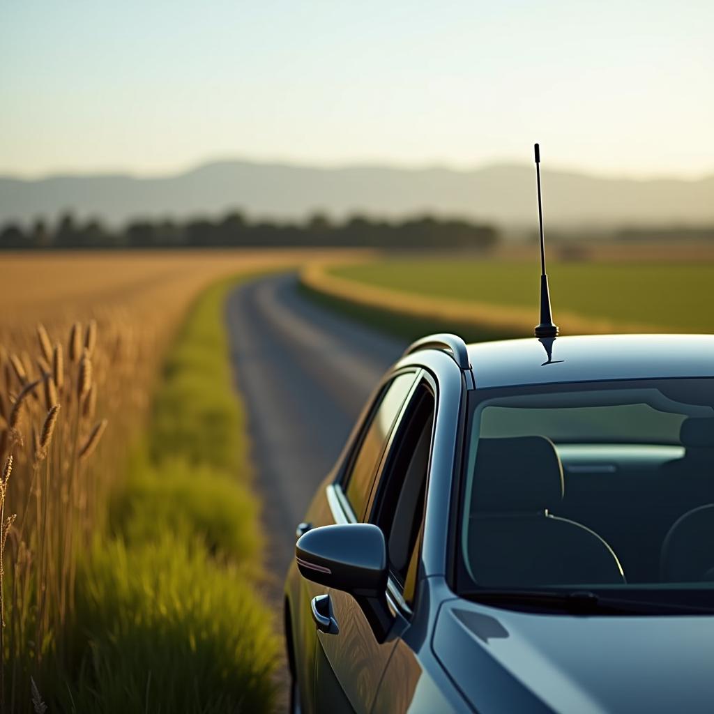  the car is driving along the border of the fields with an antenna on the hood.