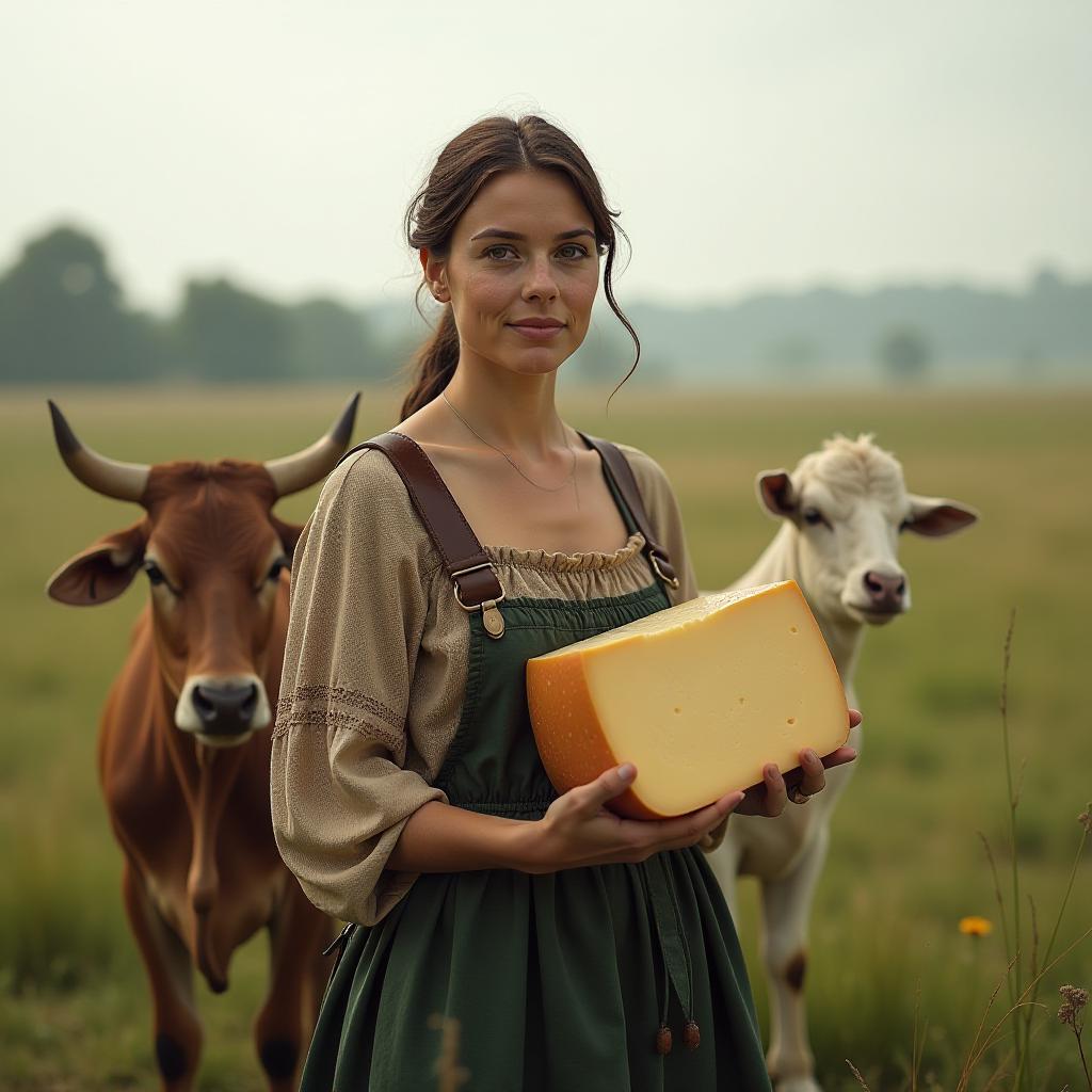  a village woman holding a large cheese stands in a field next to a cow and a goat. hyperrealistic, full body, detailed clothing, highly detailed, cinematic lighting, stunningly beautiful, intricate, sharp focus, f/1. 8, 85mm, (centered image composition), (professionally color graded), ((bright soft diffused light)), volumetric fog, trending on instagram, trending on tumblr, HDR 4K, 8K